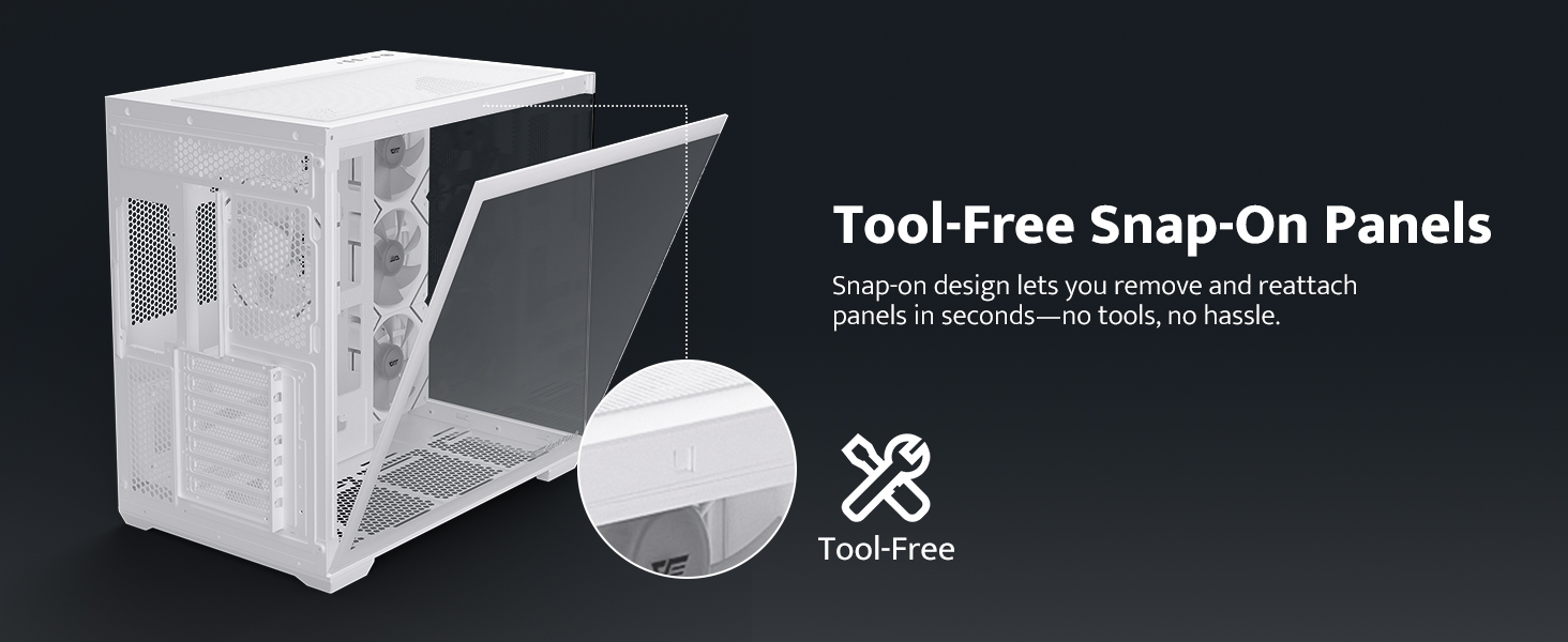 Text reads 'Tool-Free Snap-On Panels'. White modular storage organizer with snap-on panel system, close-up detail of interlocking connection mechanism, minimalist design for customizable storage.