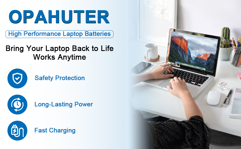 Text reads 'OPAHUTER'. Product features include 'Safety Protection', 'Long Lasting Power', and 'Fast Charging'. Laptop battery or power adapter shown with technical icons.