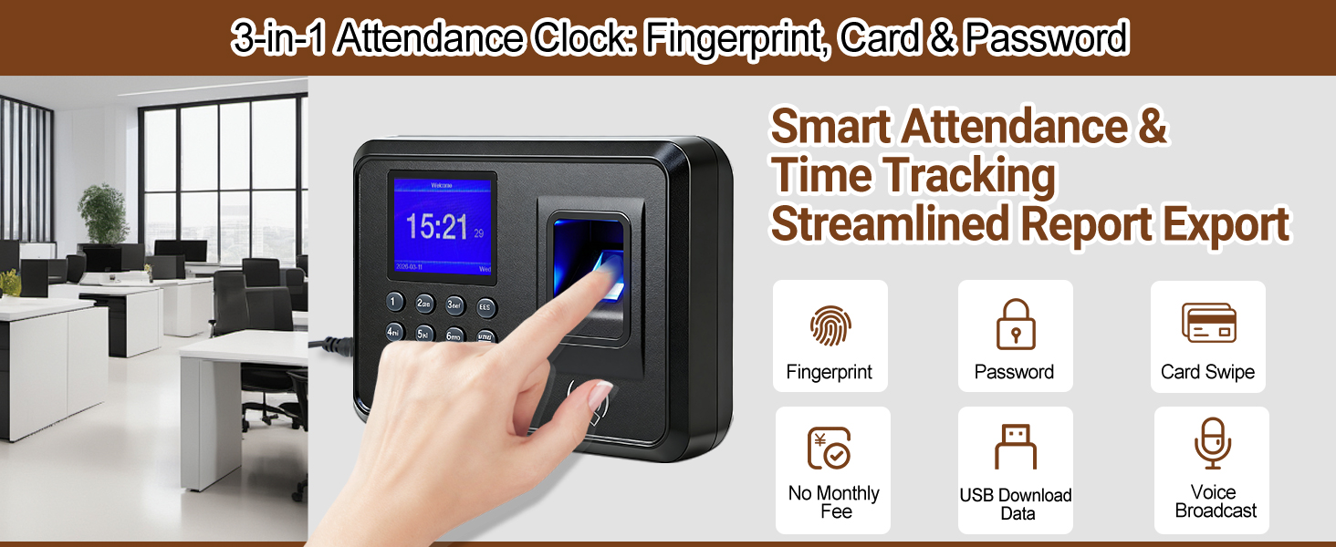 Text reads 'DUAL ATTENDANCE, FACE RECOGNITION & DOOR ACCESS CONTROL', 'Smart Attendance & Time Tracking', 'Streamlined Report Export'. Interface display with hand gesture and feature icons shown.