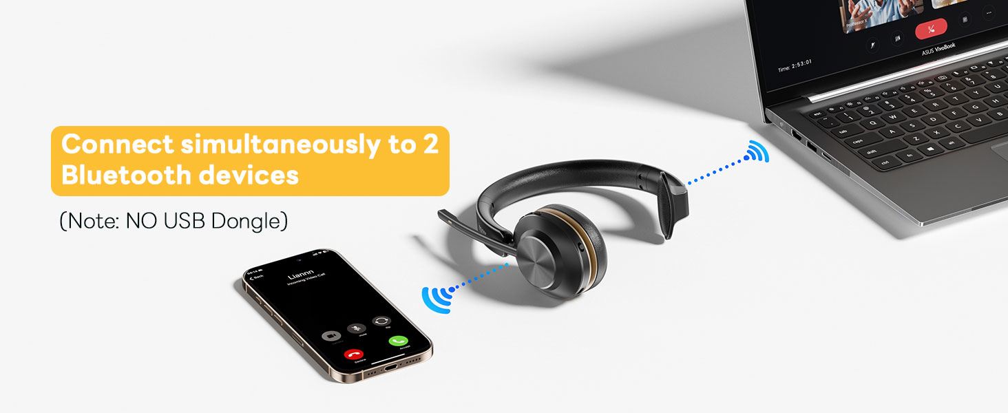 Text reads 'RFID Blocking – Your Privacy Protection'. Over-ear wireless headphones with black ear cups, gold/tan accents, and circular design elements shown in product display view.
