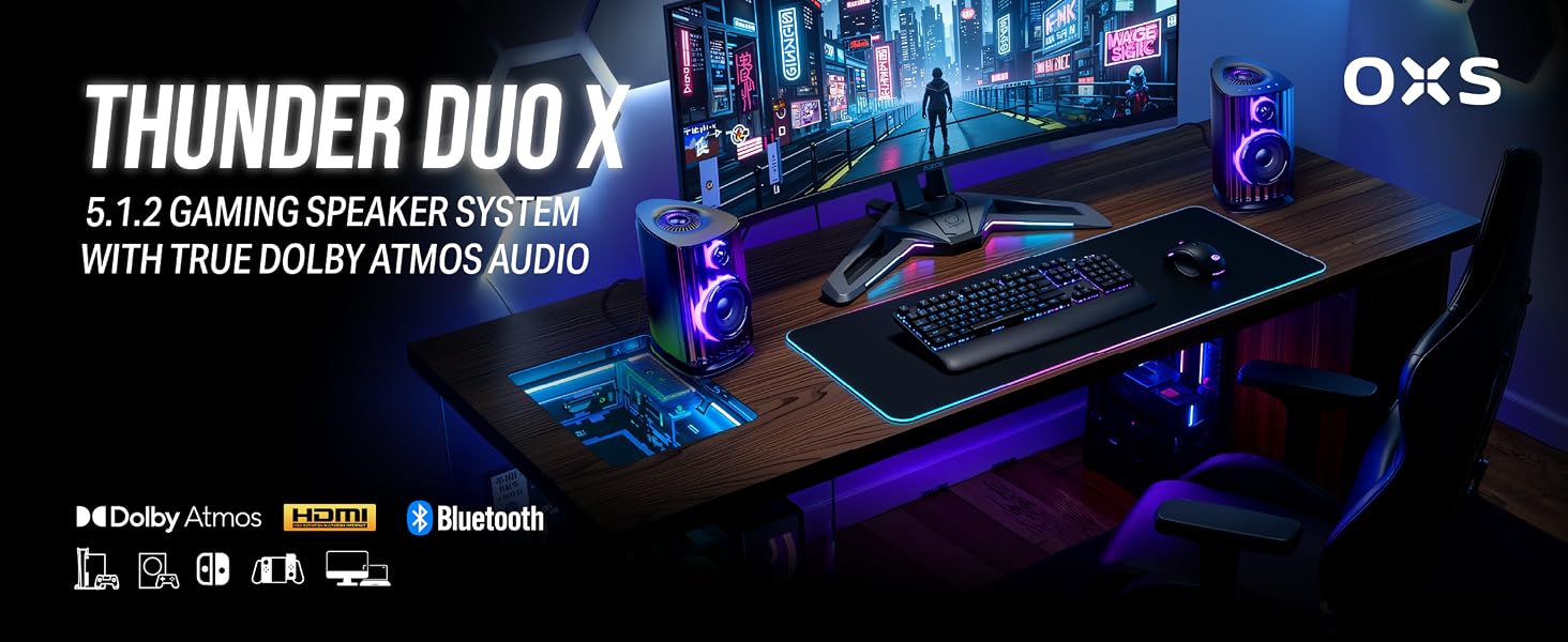Text reads 'THUNDER DUO X' and 'OXS'. Gaming promotional image showing a sleek black gaming setup with blue LED lighting effects against a dark background.