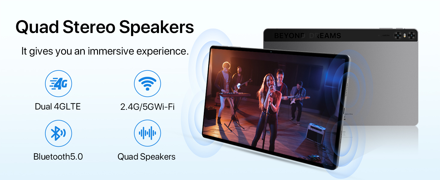 a speaker with a microphone on a stand and a woman singing into a microphone.