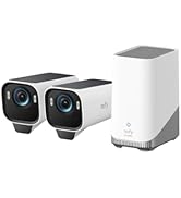 White wireless security camera with solar panel on top. Rectangular body, round lens, and blue indicator light. Features 2K resolution and Eufy branding.