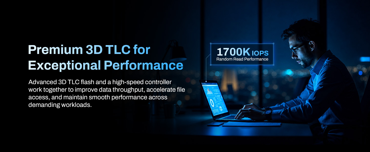 Text reads '8nm Low-Power Controller' with descriptive text about enhanced performance, power efficiency, and thermal management. Blue microchip component displayed on dark surface with gradient lighting.