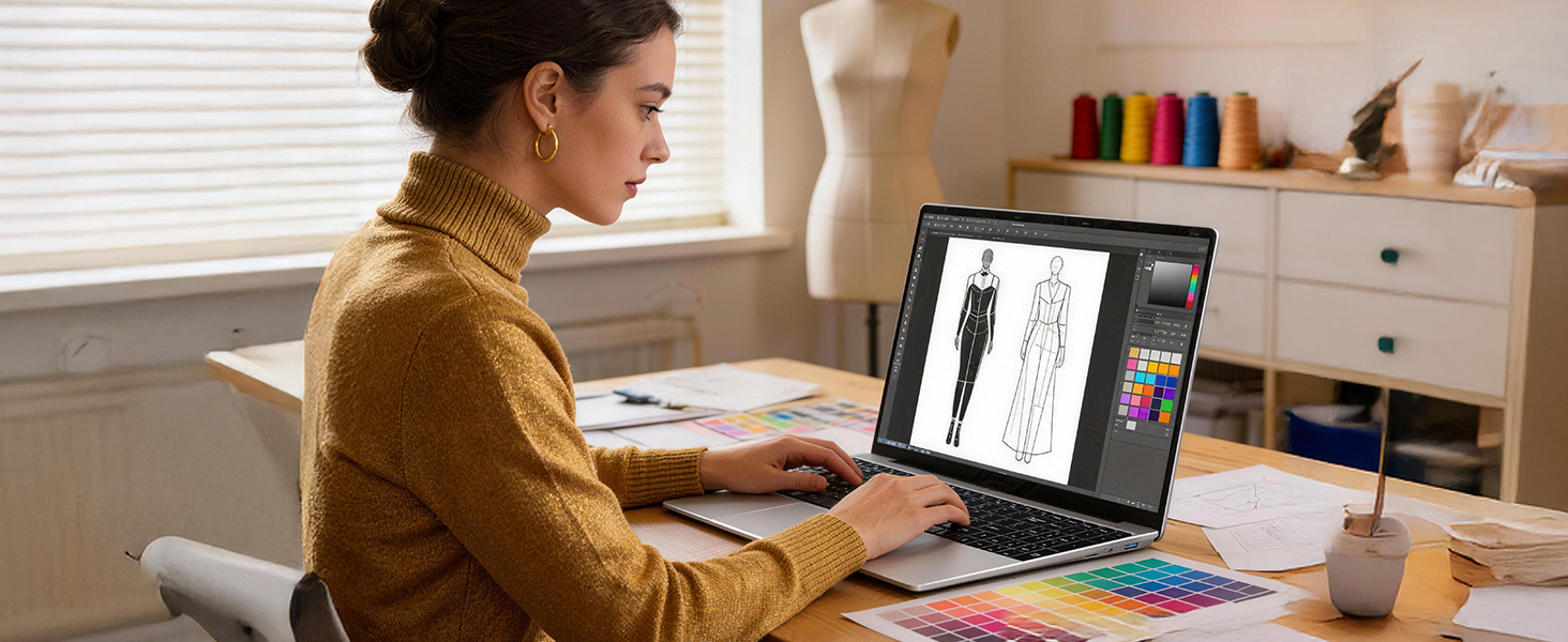 Person working at desk setup with laptop and color-coded design tools, demonstrating creative workspace usage with warm lighting.