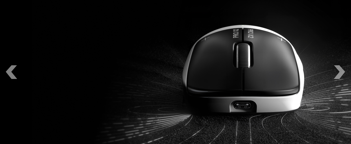 Multiple views of a sleek gaming mouse shown against black background, highlighting its ergonomic design and smooth surface features.