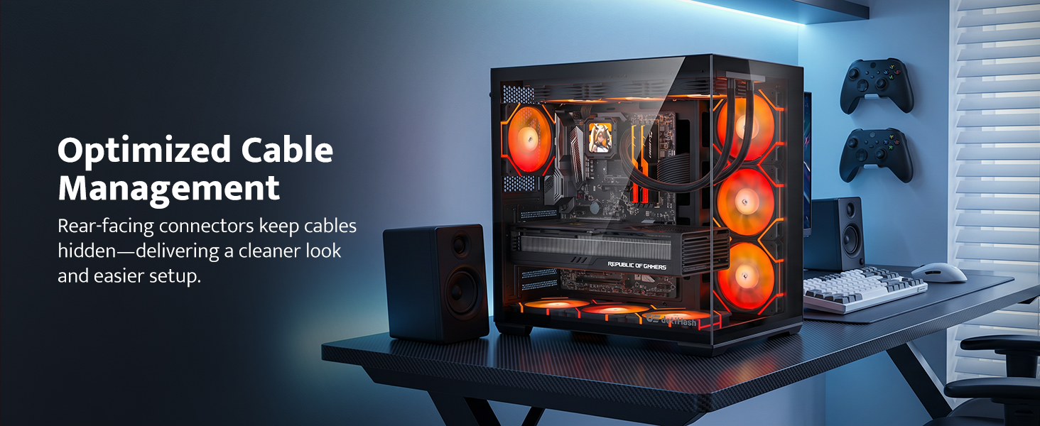 Text reads 'Optimized Cable Management - Rear-facing connectors keep cables hidden—delivering a cleaner look and easier setup.' Computer tower case with orange LED fans, controllers, and gaming peripherals on desk setup.