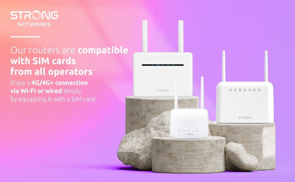 Text visible includes 'compatible with SIM cards from all operators'. Pink and purple gradient background with technical or promotional messaging.