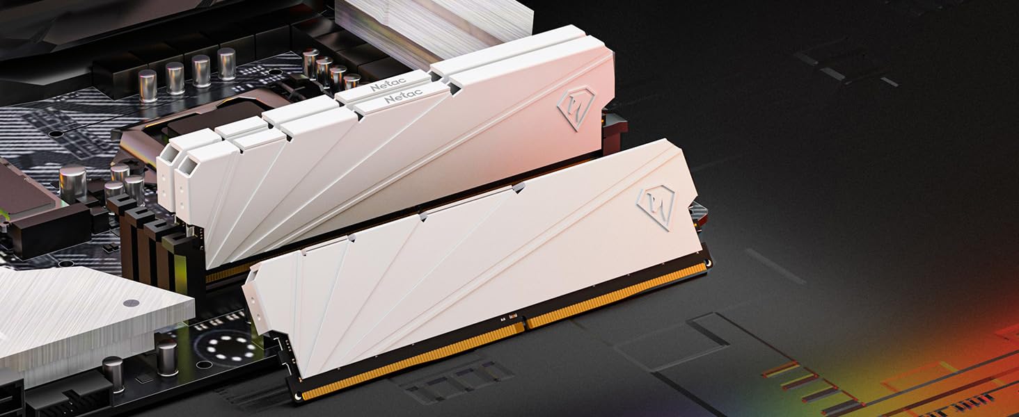 White computer memory modules with heat spreaders, arranged to show different angles. Visible circuit board components on one end.