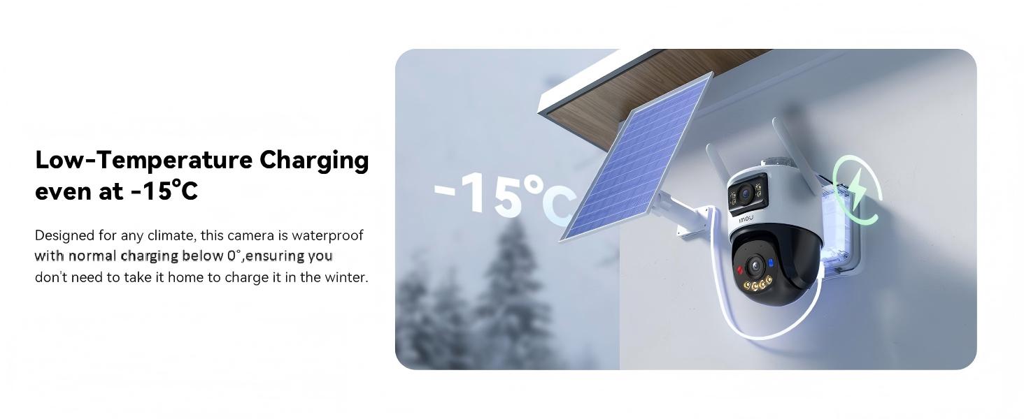Text reads 'Low-Temperature Charging even at -15°C'. Image shows snowy winter scene with temperature indicator demonstrating cold weather functionality.