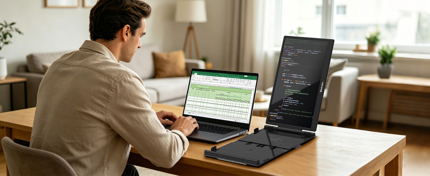 Man sitting at desk working on laptop computer in bright home office environment with plants and warm lighting.