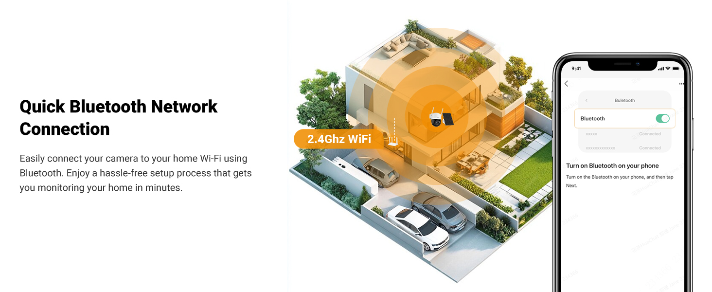 Isometric illustration of a smart home with smartphone displaying connection interface. Shows house exterior, garden, and car parking. Demonstrates quick Bluetooth network connection for home automation.