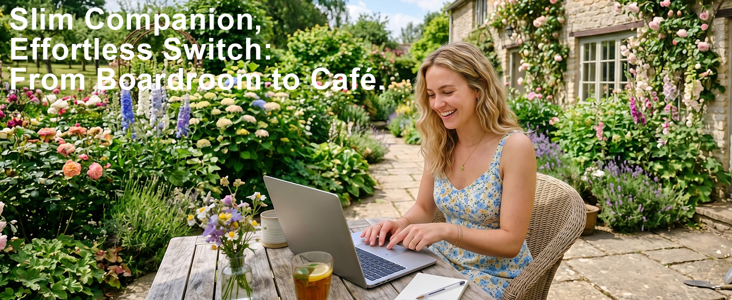 Text reads 'Slim Companion, Effortless Switch From Board&Pen To Cafe'. Woman with blonde hair using laptop outdoors at table with plants and garden setting in background.