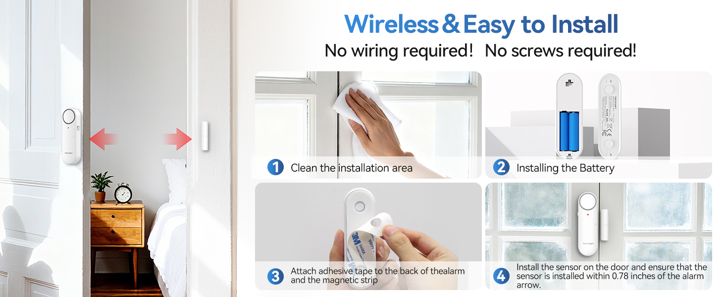 Text reads '3-LEVEL ADJUSTABLE VOLUME'. White electronic device shown in minimal home setting with plant decor.