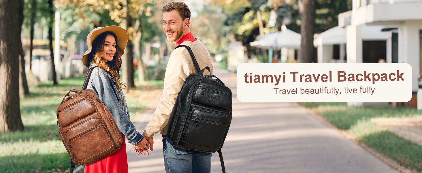Text reads 'Hamyi Travel Backpack'. Woman wearing dark backpack with man outdoors on tree-lined path, suggesting practical travel gear.