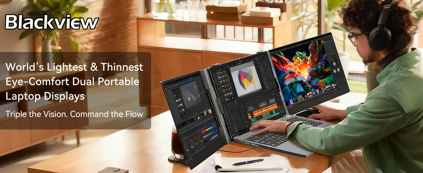 Text reads 'Blackview', 'World's Lightest & Thinnest Eye-Comfort Dual Portable Laptop Displays'. Portable dual-screen display setup shown in use with outdoor laptop workstation scene.