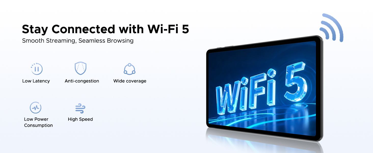 Text reads 'Stay Connected with Wi-Fi 5'. Marketing image showing icons for key features and blue neon-style 'WIFI 5' sign on black display.