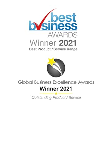 Two business award emblems - 'Best Business Awards Winner 2021' and 'Global Business Excellence Awards Winner 2021' for outstanding product/service.