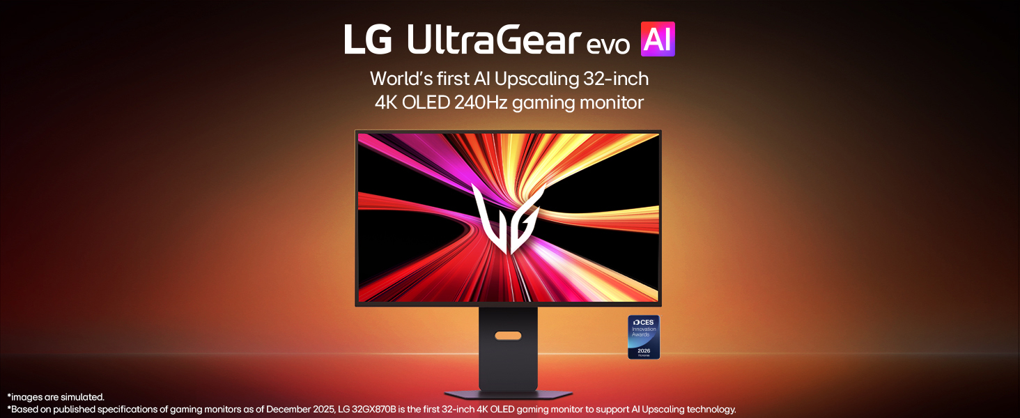Text reads 'LG UltraGear pro AI'. Monitor display shown against dark background with colorful radial light burst pattern emanating from center screen.