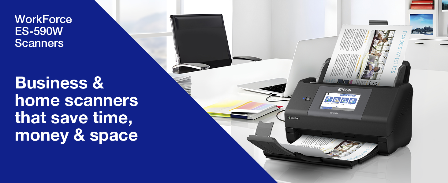 Text reads 'WorkForce ES-80M2 Scanners, Business & home scanners that save time, money & space.' Office setting displaying black scanner with documents, laptop, and office supplies on desk.