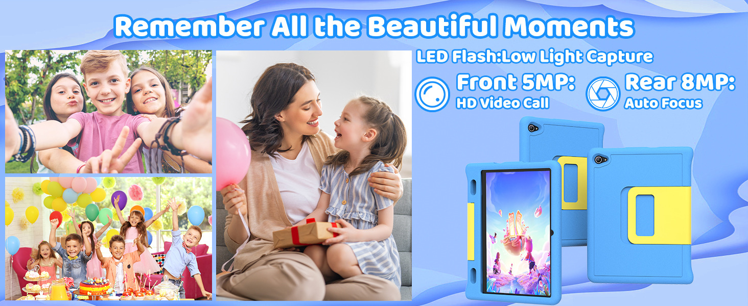Text reads 'Remember All the Beautiful Moments' with 'Front-side Camera' and 'Dual BMP' features. Photo printer product displayed with colorful family photos and blue/yellow printer unit shown.