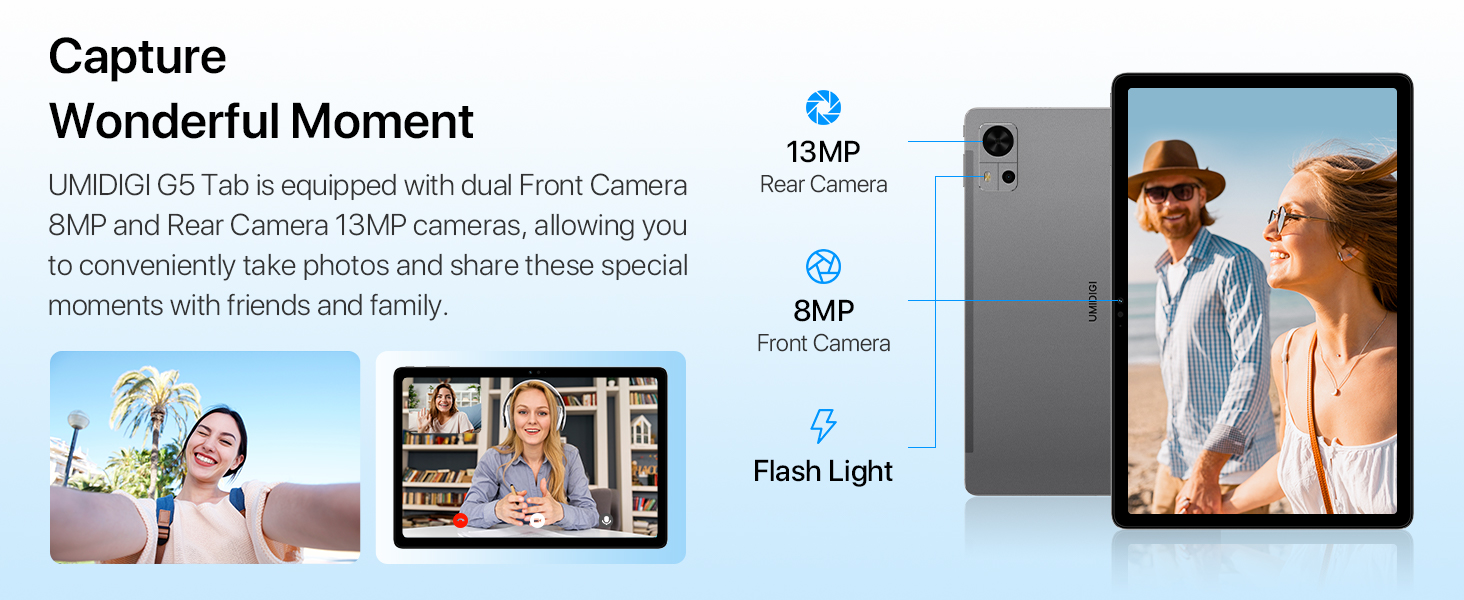 Tablet with dual cameras: 13MP rear and 8MP front. Features include flash light and ability to capture photos and videos. Multiple example images shown.