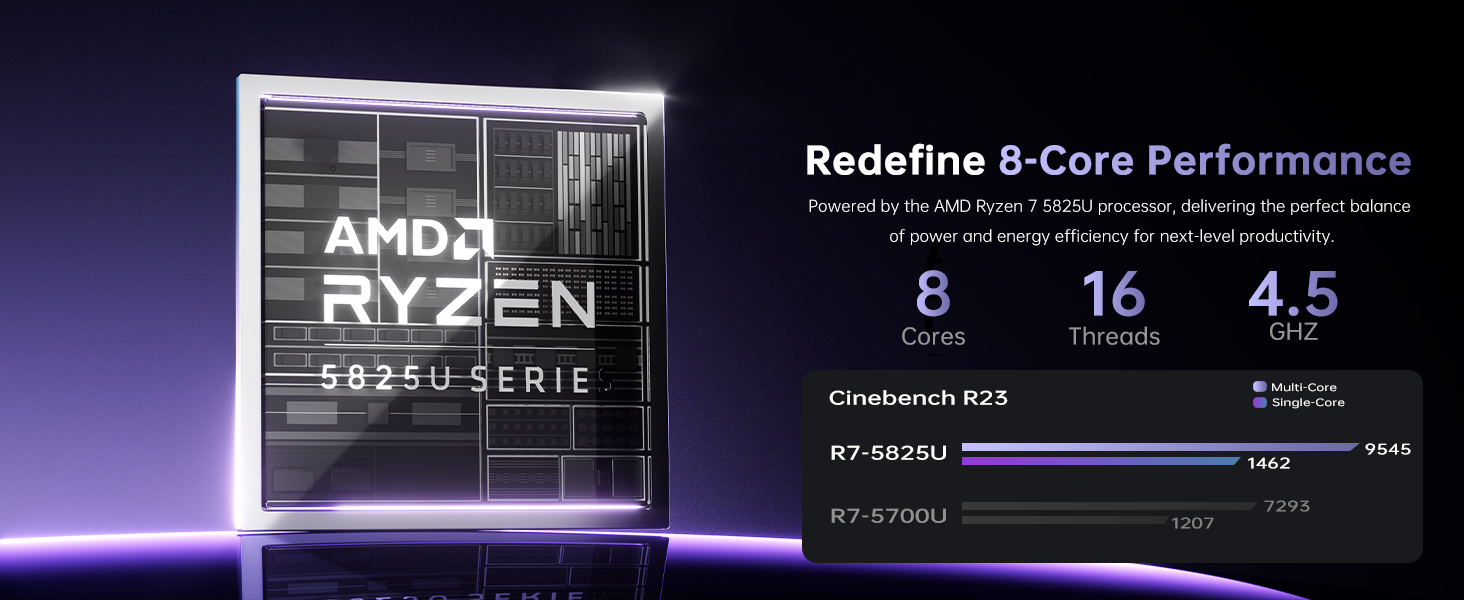 Text reads 'AMD RYZEN' with '8-Core Performance'. Marketing display showing processor specifications with purple and black aesthetic and performance metrics.