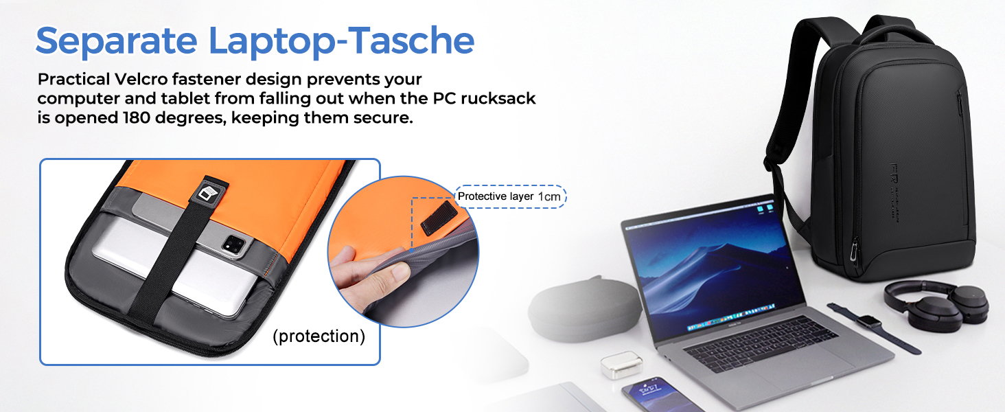 Text reads 'Separate Laptop-Tasche'. Product images showing black laptop bag with organizer compartments and laptop sleeve features.