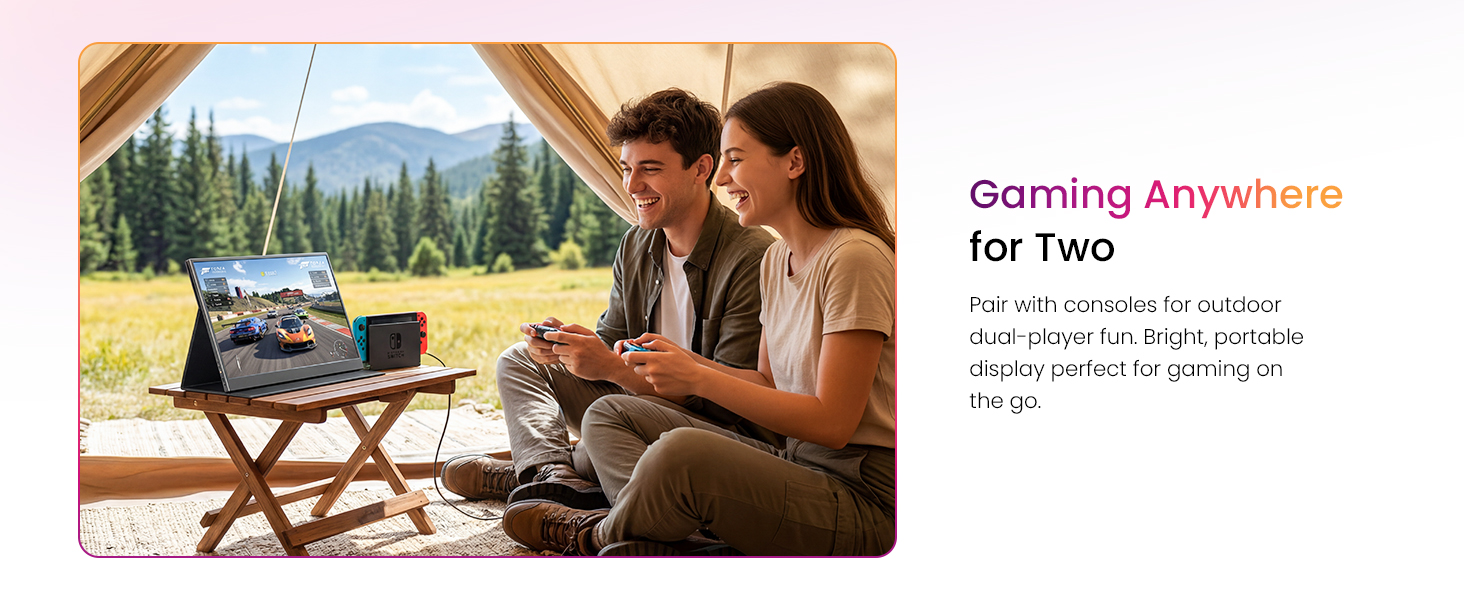 Text reads 'Gaming Anywhere for Two'. Couple using laptop outdoors with camping setup and mountains. Purple text tagline about portable gaming for couples.