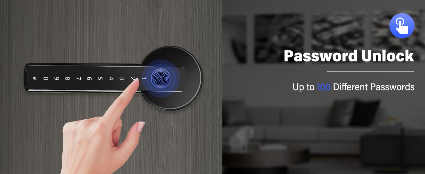 Digital door lock interface showing a fingerprint scanner and password entry system with blue LED illumination. Multiple panels demonstrate touchpad and fingerprint authentication methods.