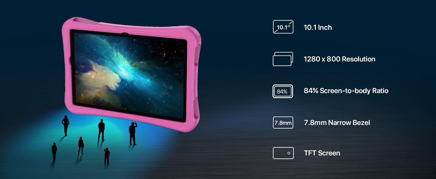 Text reads '10.1 inch', '1280 x 800 Resolution', '6GB Memory-In-built Slate', '2.8mm Narrow Bezel', 'IPS Screen'. Pink-framed rugged tablet device displayed against dark blue background with tech specifications listed.