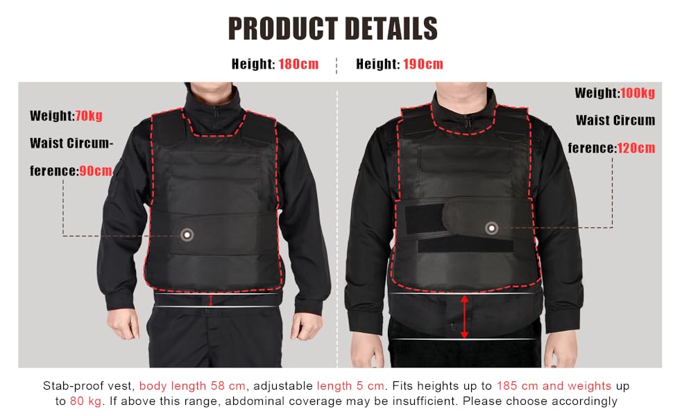 Product feature diagram showing adjustable shoulder strap, waist length, high-density waterproof material, and portable pocket details on black fabric.