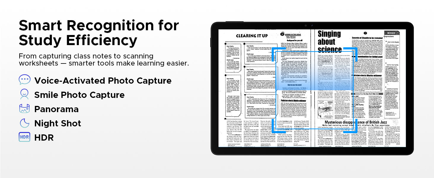 Text reads 'Smart Recognition for Study efficiency'. Digital tablet displaying study organization interface with multiple sections and text fields.