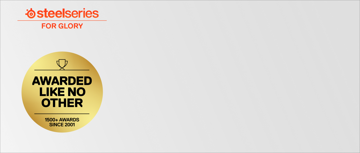 Text reads 'steelseries'. White minimalist product display setup with desk monitor and clean background. Award badge icons shown.