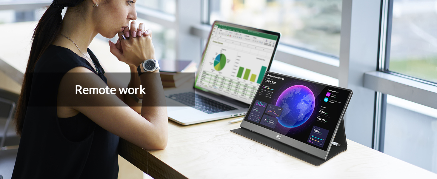 Series of images showing laptop and tablet screens displaying work-related content in remote office settings. Text reads 'Remote work' on one panel.
