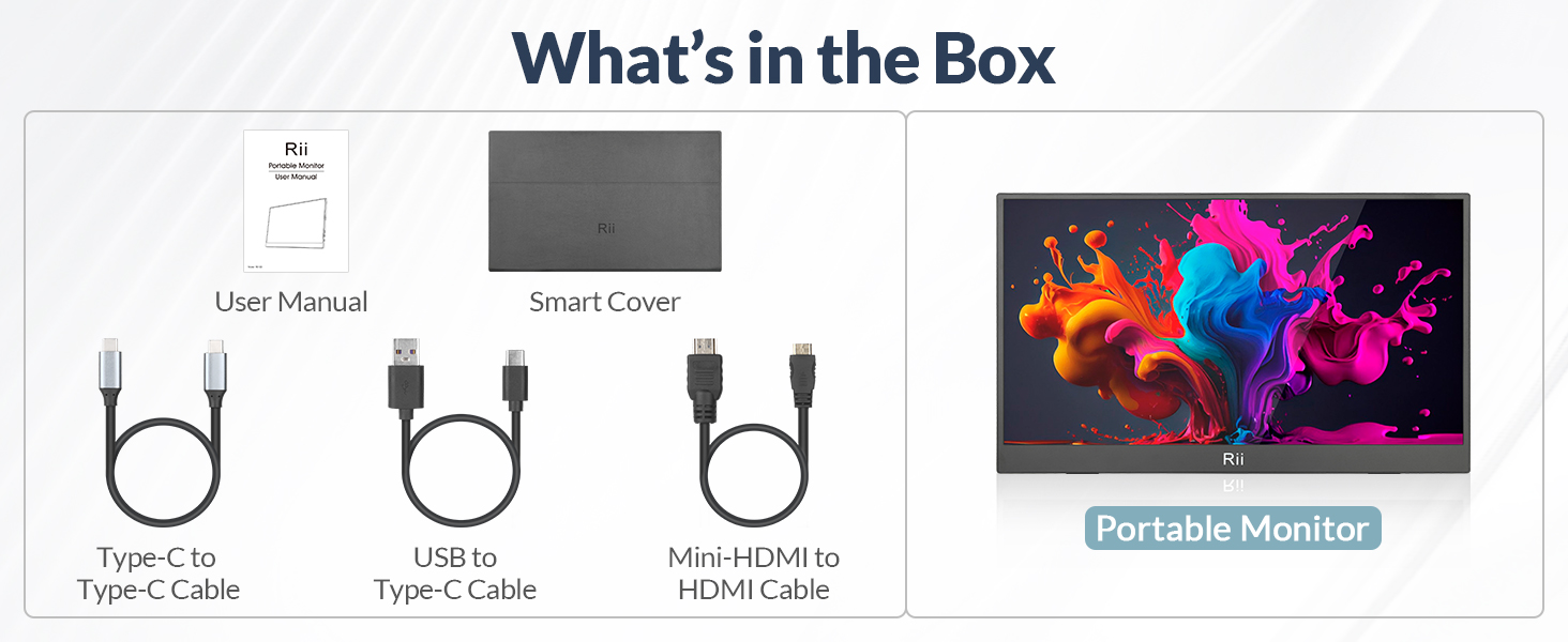Text reads 'What's in the box'. Infographic showing simplified icon illustrations of product components with bright colorful abstract design elements.