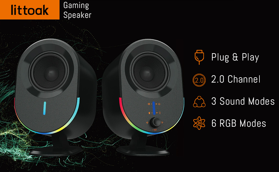 Text reads: 'litlock', 'Plug & Play', '2.0 Channel', '3 Sound Modes', '6 RGB Modes'. Gaming speakers with blue LED lighting against dark background.