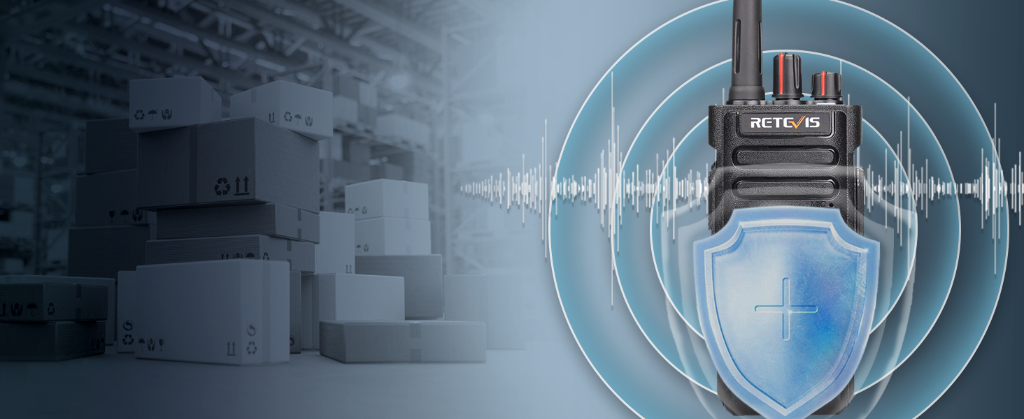 Handheld two-way radio or walkie-talkie with visible antenna. Blue circular graphic represents signal transmission. Background shows blurred industrial setting.