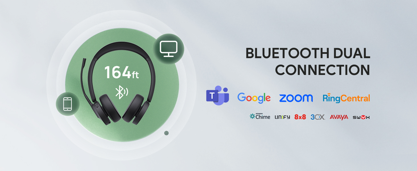 Bluetooth dual connection diagram showing 164ft range with headphone icon and compatibility logos for various communication platforms including Zoom and Google.