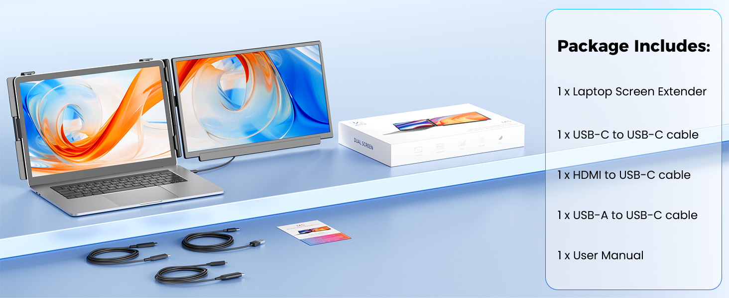 Text reads 'Package Includes: 1 x Laptop Screen Protector, 1 x USB-C to USB-C cable, 1 x HDMI to HDMI cable, 1 x USB-A to USB-C cable, 1 x User manual'. Laptop and USB cable accessories displayed on blue and white background.