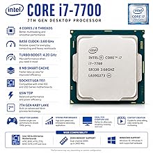 Text reads 'intel CORE i7-7700' '7TH GEN DESKTOP PROCESSOR' with multiple specification boxes listing features like '4 CORES', 'BASE CLOCK 3.60 GHz', 'TURBO BOOST 4.20 GHz', '8 MB SMART CACHE', and compatibility information. Green computer processor chip shown.