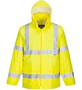 High-visibility orange safety jacket with reflective stripes. Features include a full-zip front, black contrast panels, and a hood. Worn by a person against a gray background.