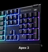 Text reads 'Apex Pro Mini'. Product image showing a keyboard with RGB backlit keys arranged in a compact mini layout against dark background.