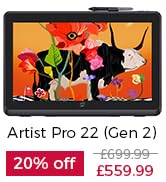 Text reads 'Artist Pro 24 4K', '20% off', '£899.25'. Black tablet device with promotional discount badge indicating 20% off pricing.