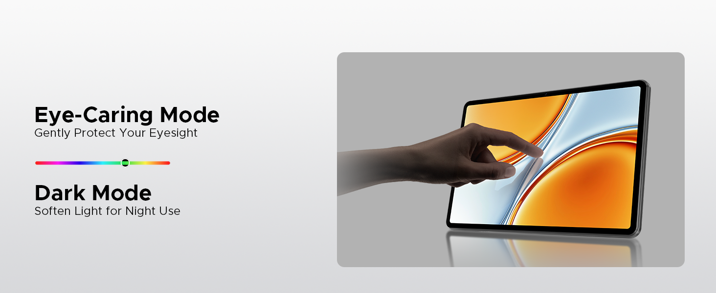 Text reads 'Eye-Caring Mode' and 'Dark Mode'. Tablet displaying split screen with orange and blue gradient design, hand touching screen demonstrating display modes.