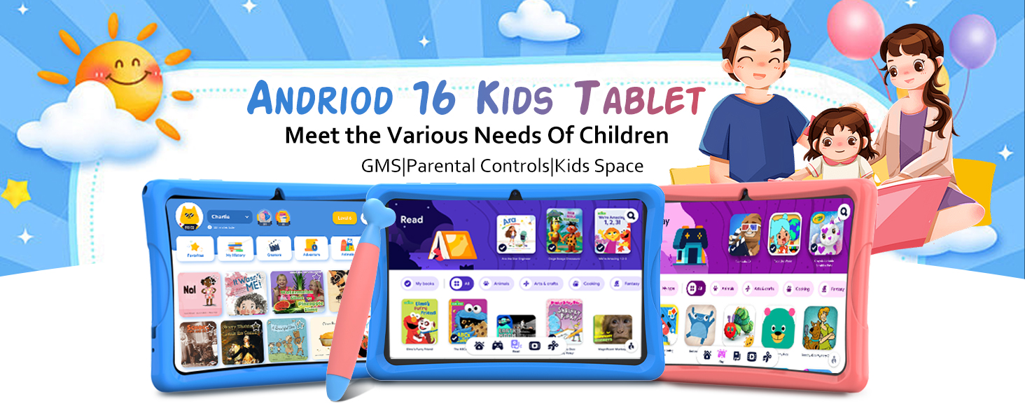 Text reads 'ANDRIOD 16 Kids Tablet', 'Meet the Various Needs Of Children', '60 Games & Educational Apps'. Educational tablet device displayed in blue and pink versions showing colorful app interface for children.