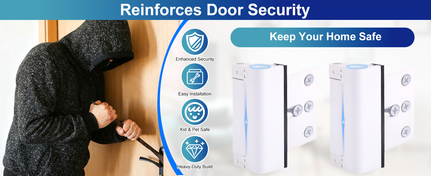 Text reads 'Keep Your Home Safe'. Technical diagram or interface showing security system features with blue accent colors and circular icons.