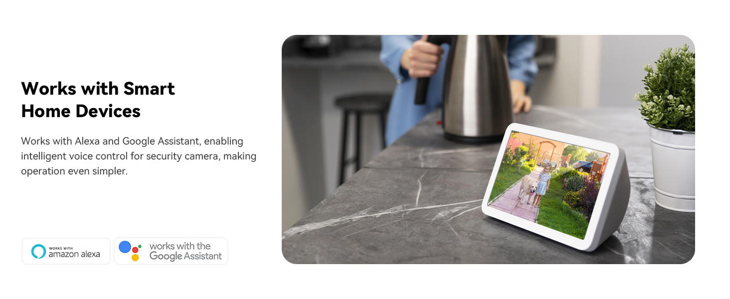 Text reads 'Works with Smart Home Devices'. Tablet device displaying garden image on table with blurred figures in background.