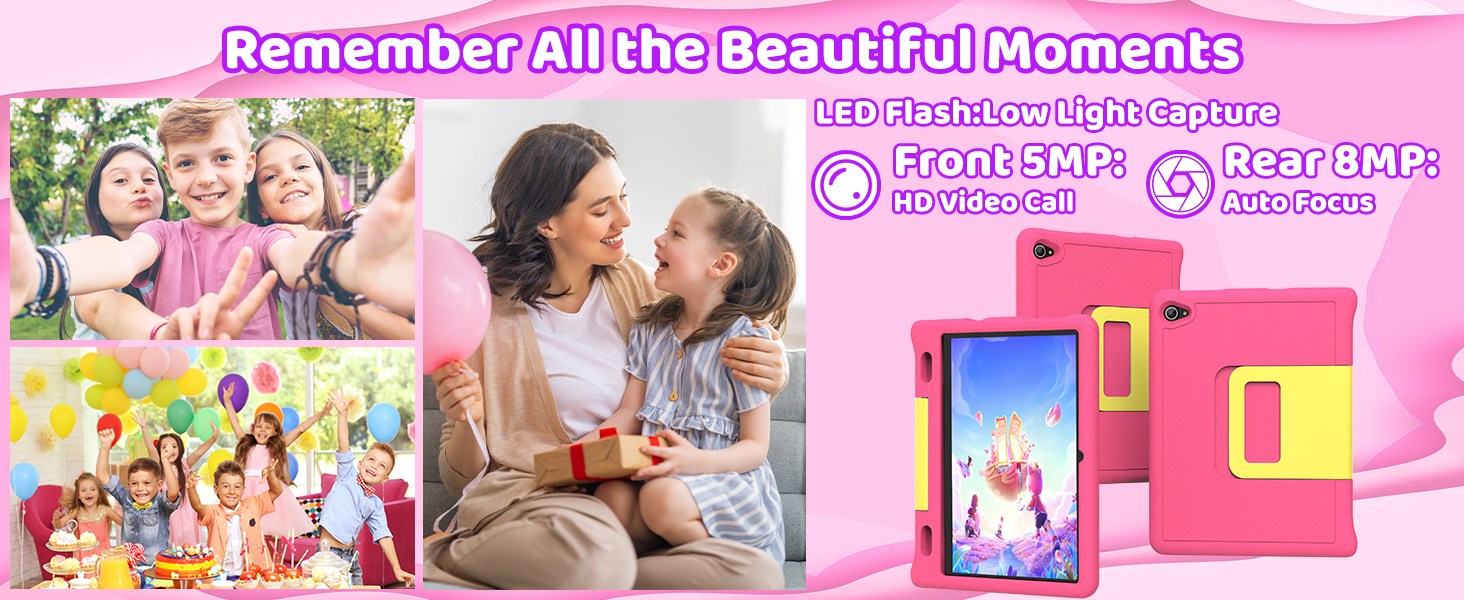 Text reads 'Remember All the Beautiful Moments' with additional text partially visible. Pink and colorful toy playhouse or doll house product with children shown playing.