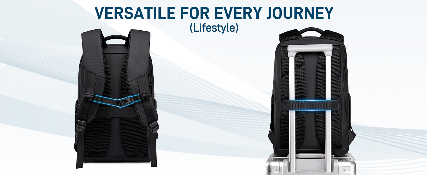 Text reads 'VERSATILE FOR EVERY JOURNEY', '[Lifestyle]'. Two views of black backpack with blue accents shown front and side angles displaying compartments and carrying features.